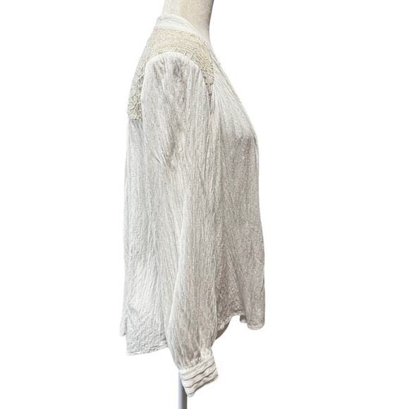 Free People Ivory Boho Gauze Button Front Blouse With Metallic Embroidery Size M - Picture 2 of 6